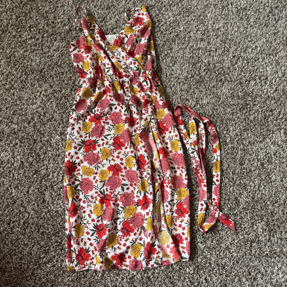 🌺 LOFT FLORAL RUFFLE FLOWY BELTED MIDI DRESS!